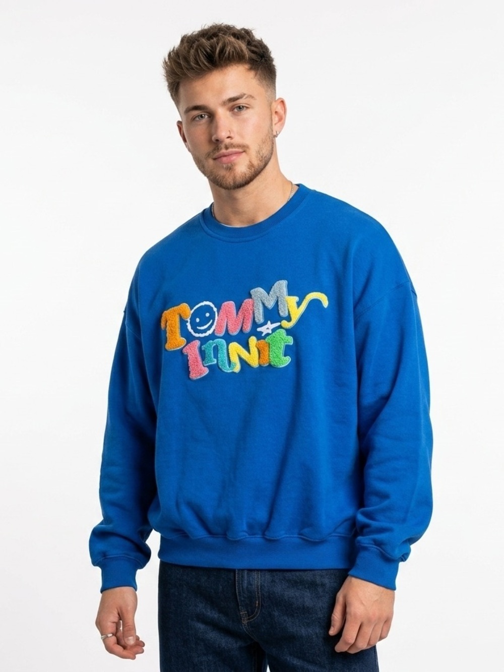 TommyInnit Sweatshirt XL Blue Applique Logo Heavyweight Crewneck